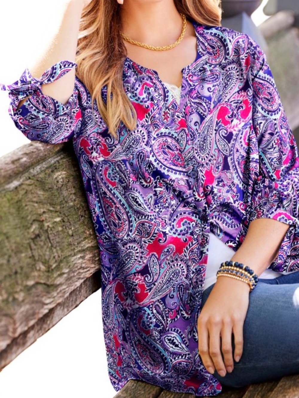 Catherines Purple Paisley Button-Front Blouse with Pink Accents